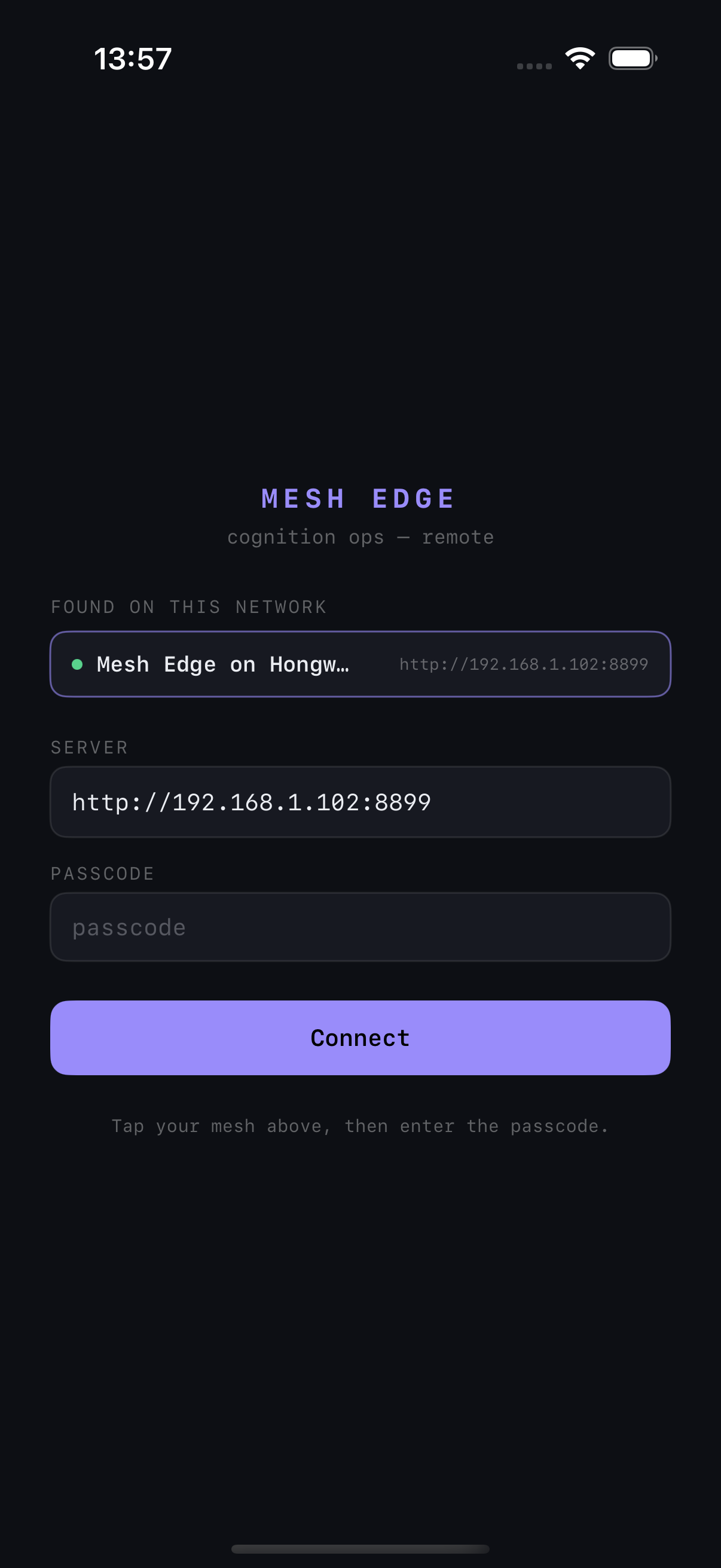 Step 2 — FOUND ON THIS NETWORK: tap your mesh, the address fills itself.