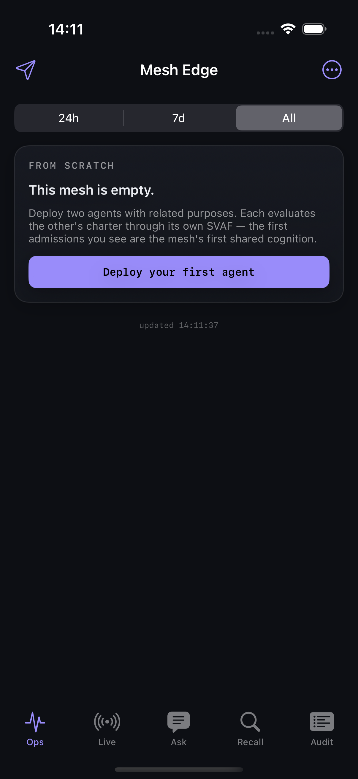 Step 3 — the empty mesh doesn't pretend: FROM SCRATCH, deploy one tap away.